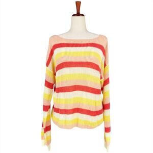 CUPCAKES & CASHMERE Lex Boucle Stripe Sweater Size M Butter Yellow Coral Pink